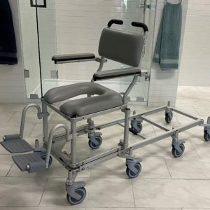MC6000RS Narrow Shower Slider System with Rotating Seat – Commode, Transfer & Shower Chair in One